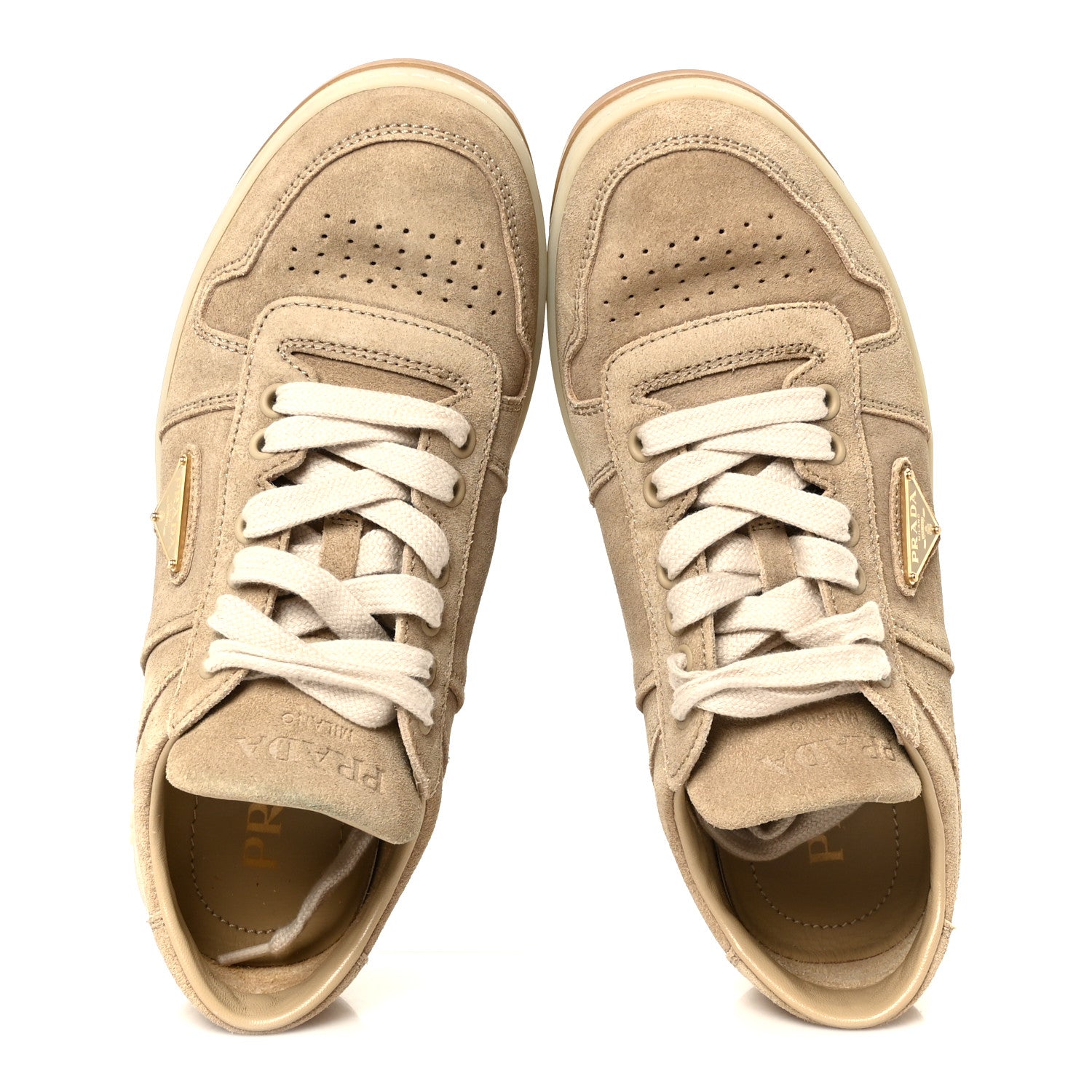 Prada Suede Triangle Womens Downtown Low Top Sneakers 37 Ecru 2 of 9