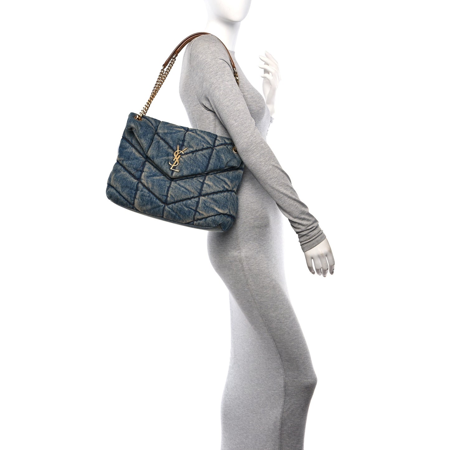 Denim Quilted Medium Loulou Puffer Monogram Chain Satchel Blue Cinnamon