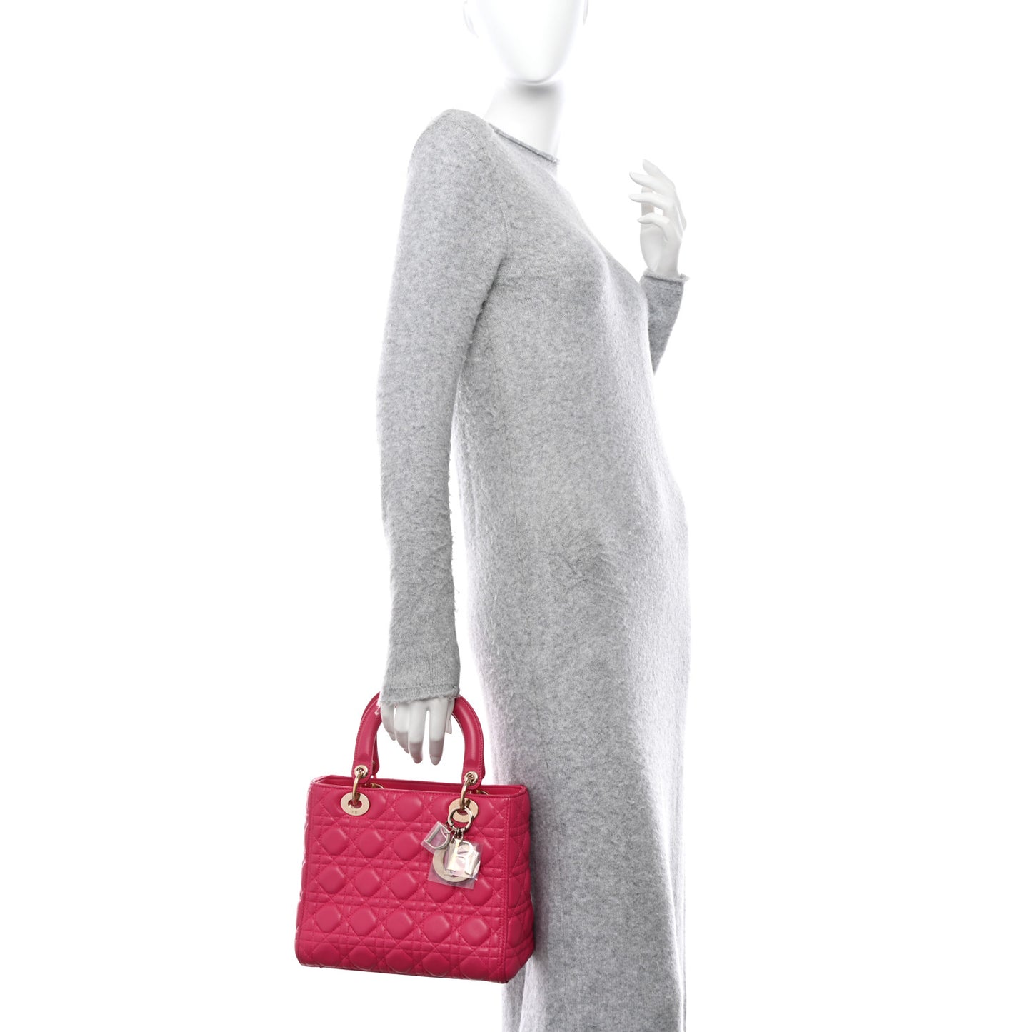 CHRISTIAN DIOR Lambskin Cannage Medium Lady Dior Fuchsia