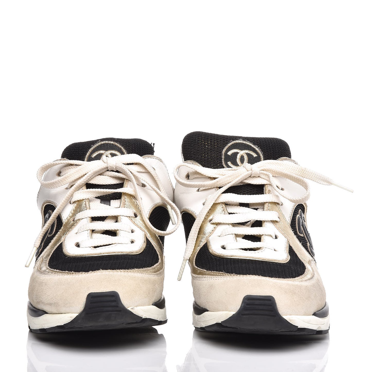 Suede Calfskin Womens CC Sneakers 37.5 Black White Gold