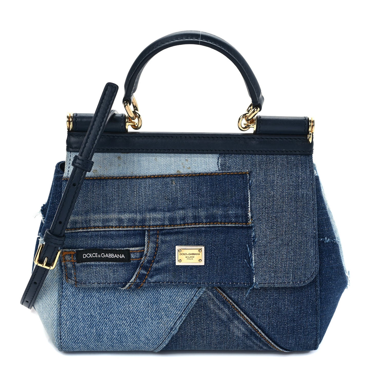 Calfskin Denim Patchwork Medium Miss Sicily Satchel Blue
