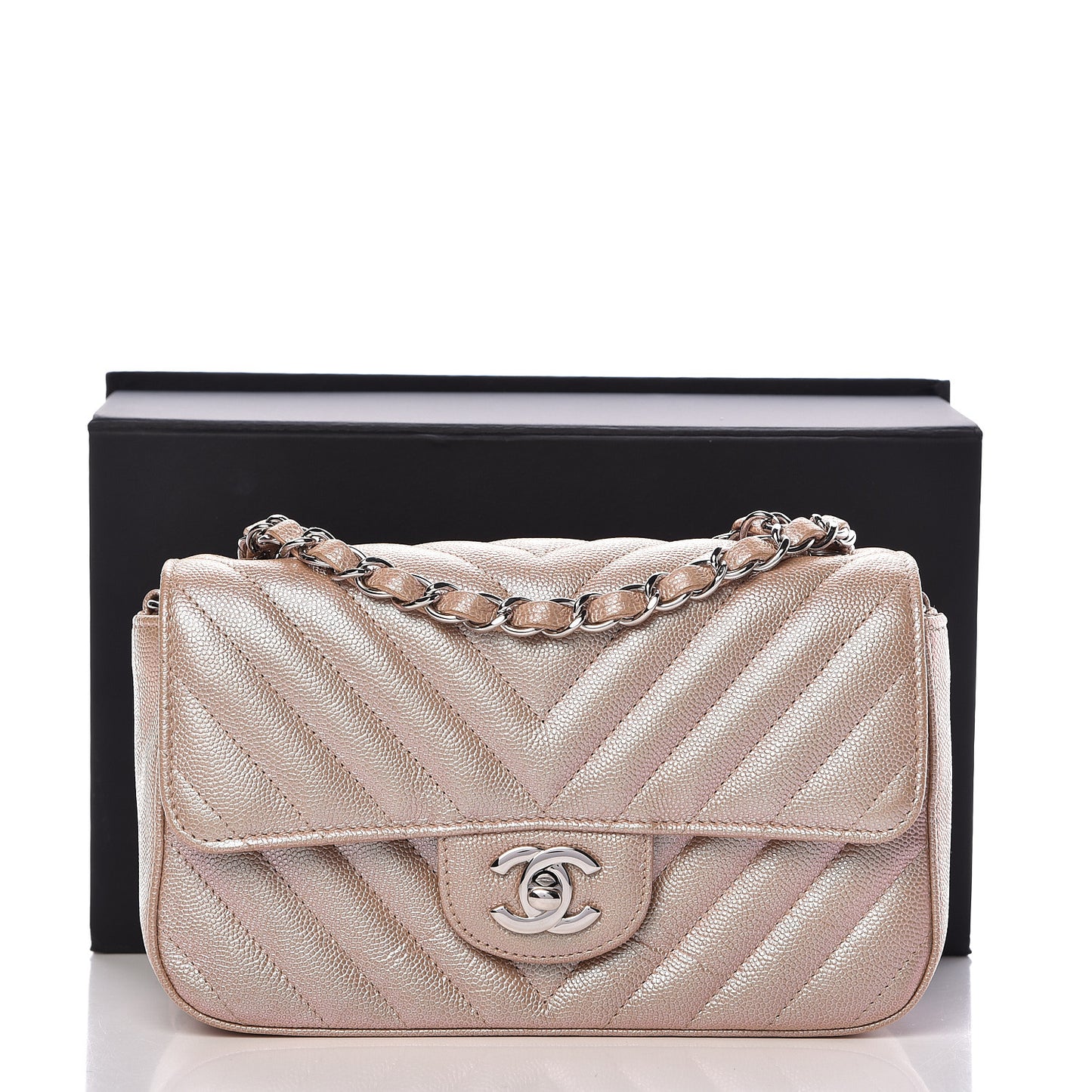 Iridescent Caviar Chevron Quilted Mini Rectangular Flap Light Gold