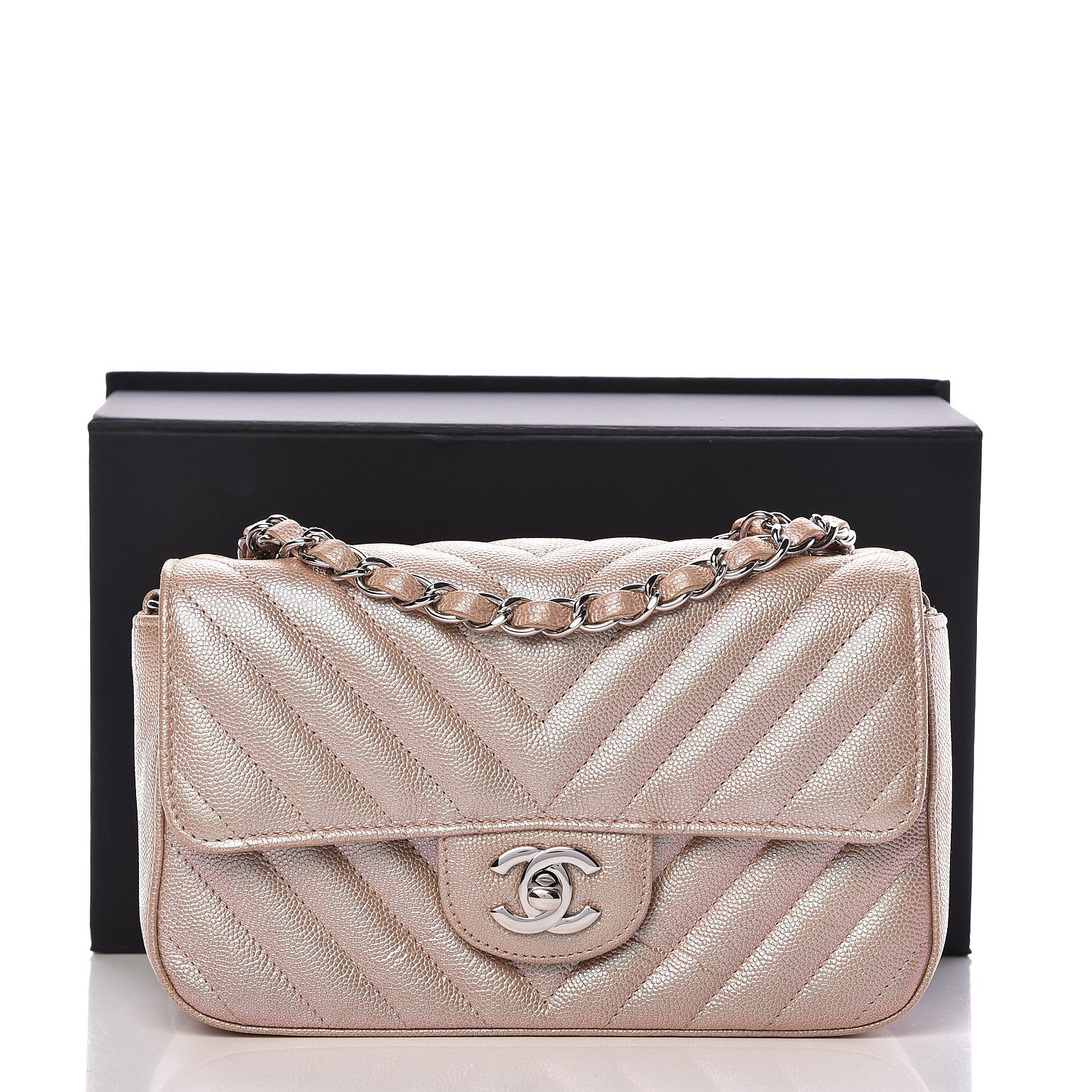 Chanel Iridescent Caviar Chevron Quilted Mini Rectangular Flap Light Gold 13 of 13