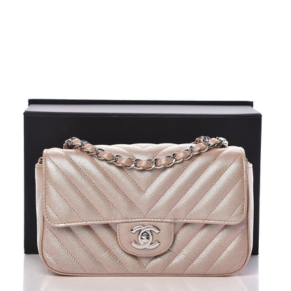Chanel Iridescent Caviar Chevron Quilted Mini Rectangular Flap Light Gold 13 of 13