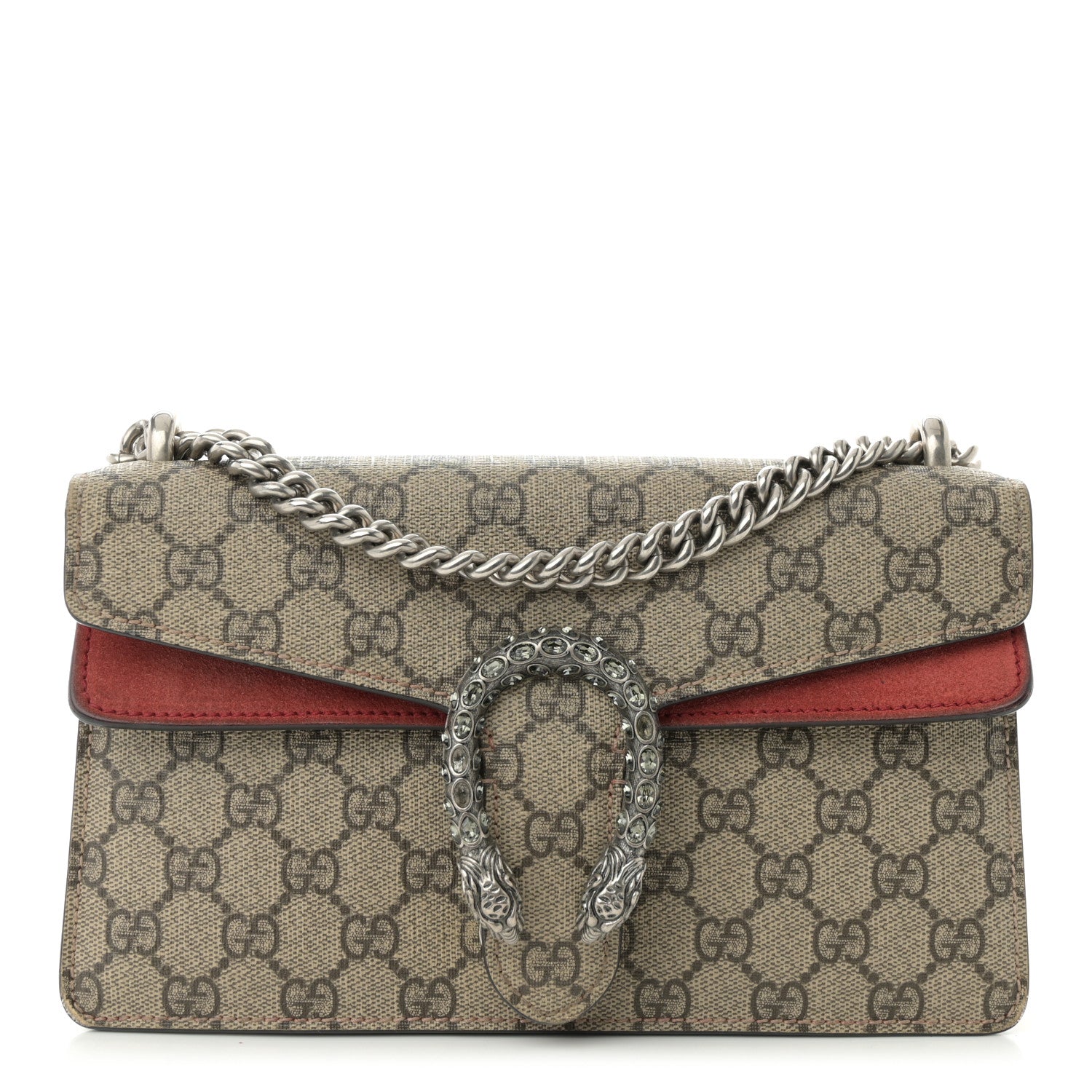 Gucci GG Supreme Monogram Suede Crystal Small Dionysus Shoulder Bag Beige Ebony Vulcanic Red 1 of 13