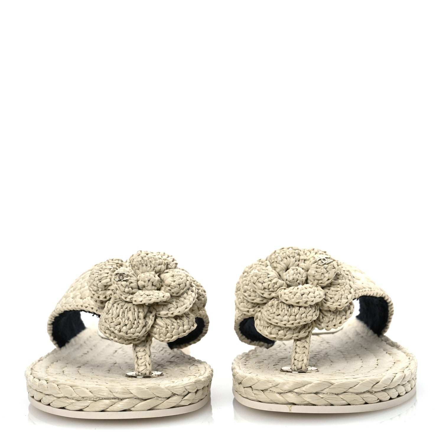 Chanel Raffia Camellia Flower Thong Sandals 38.5 Ivory 3 of 13