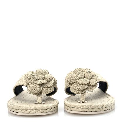 Chanel Raffia Camellia Flower Thong Sandals 38.5 Ivory 3 of 13