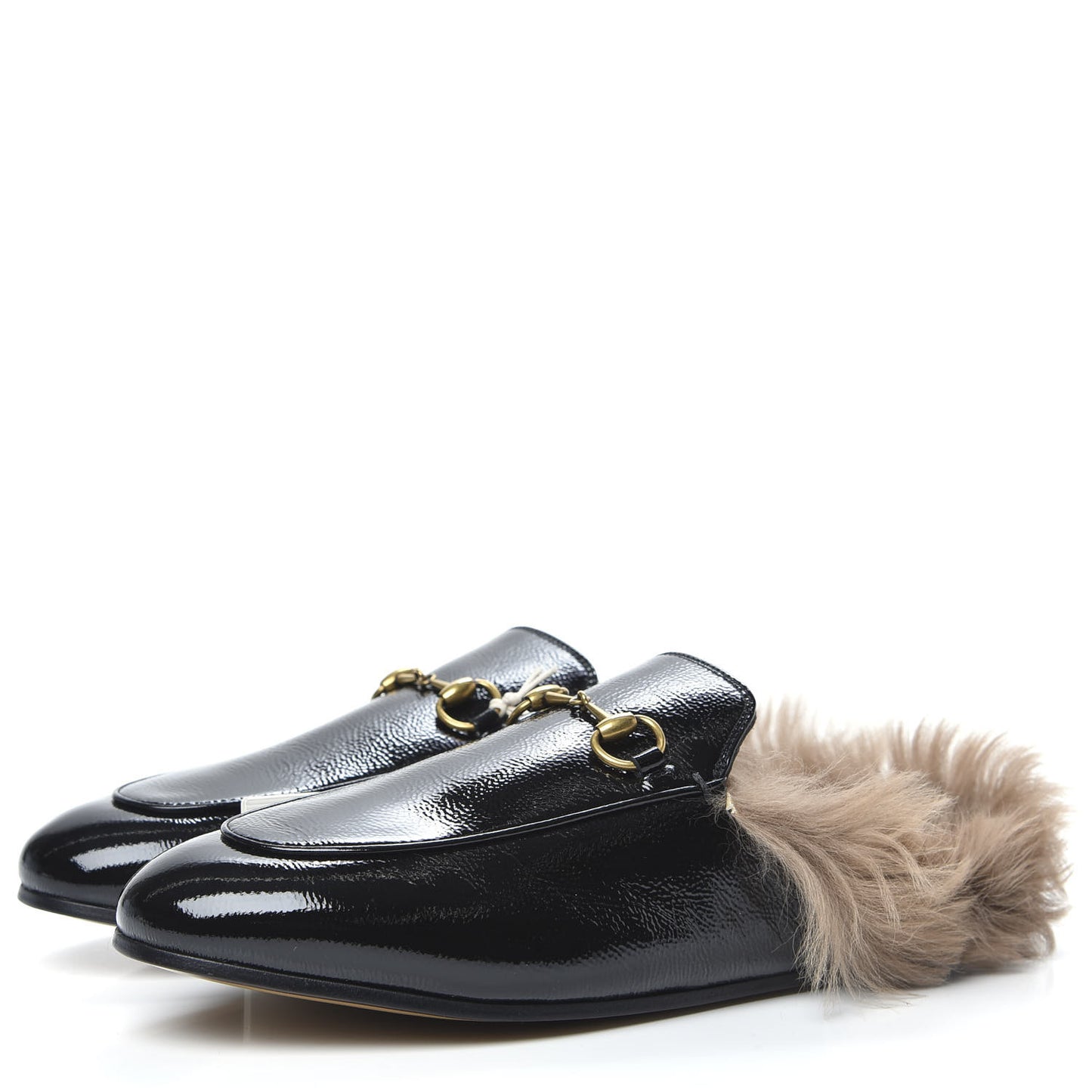 Patent Fur Womens Princetown Slippers 40 Black Natural