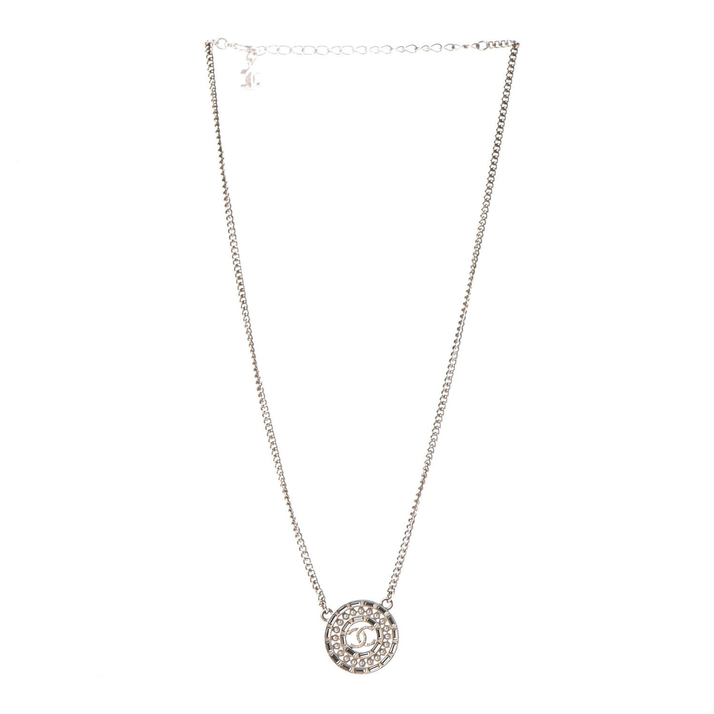 Pearl Baguette Crystal CC Medallion Necklace Gold