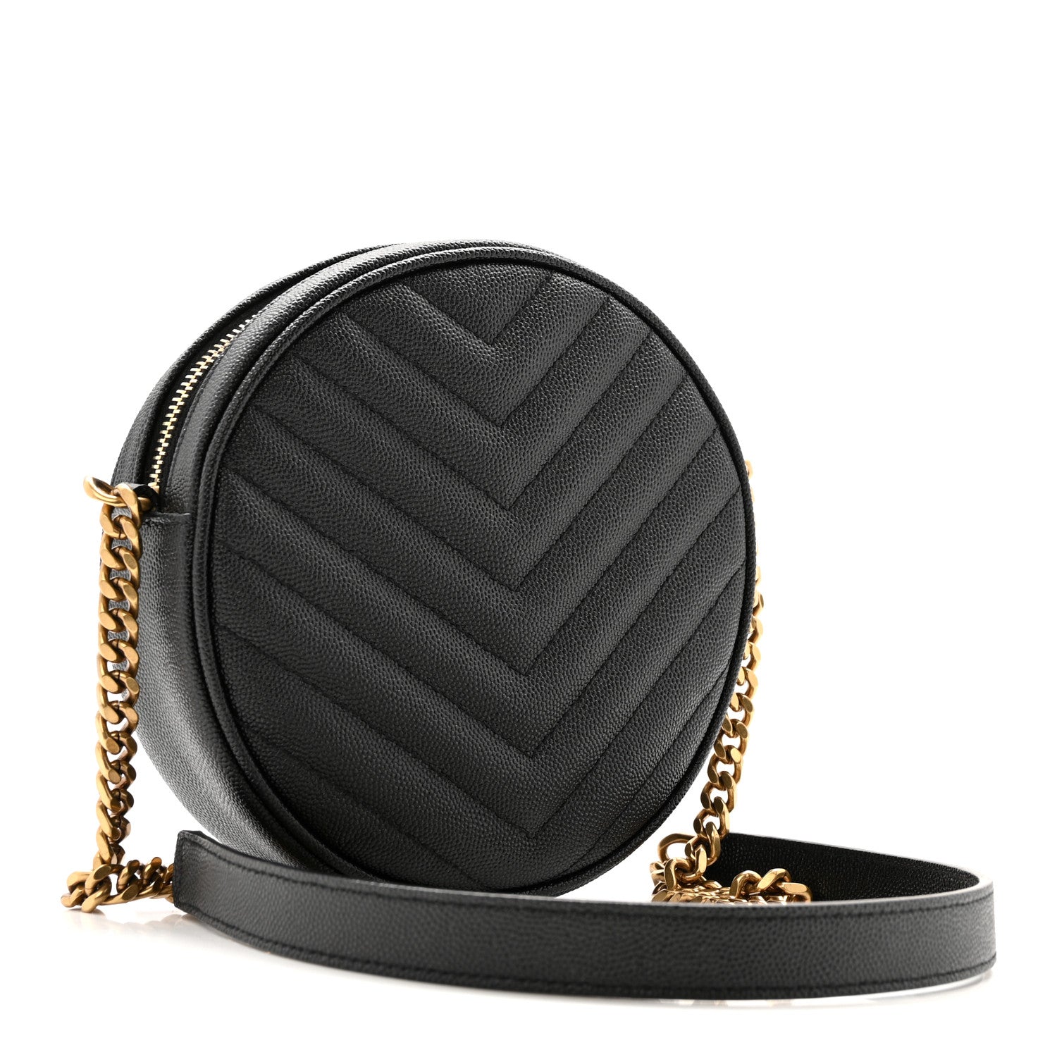 Saint Laurent Grain De Poudre Matelasse Chevron Quilted Round Vinyle Camera Bag Black 3 of 11