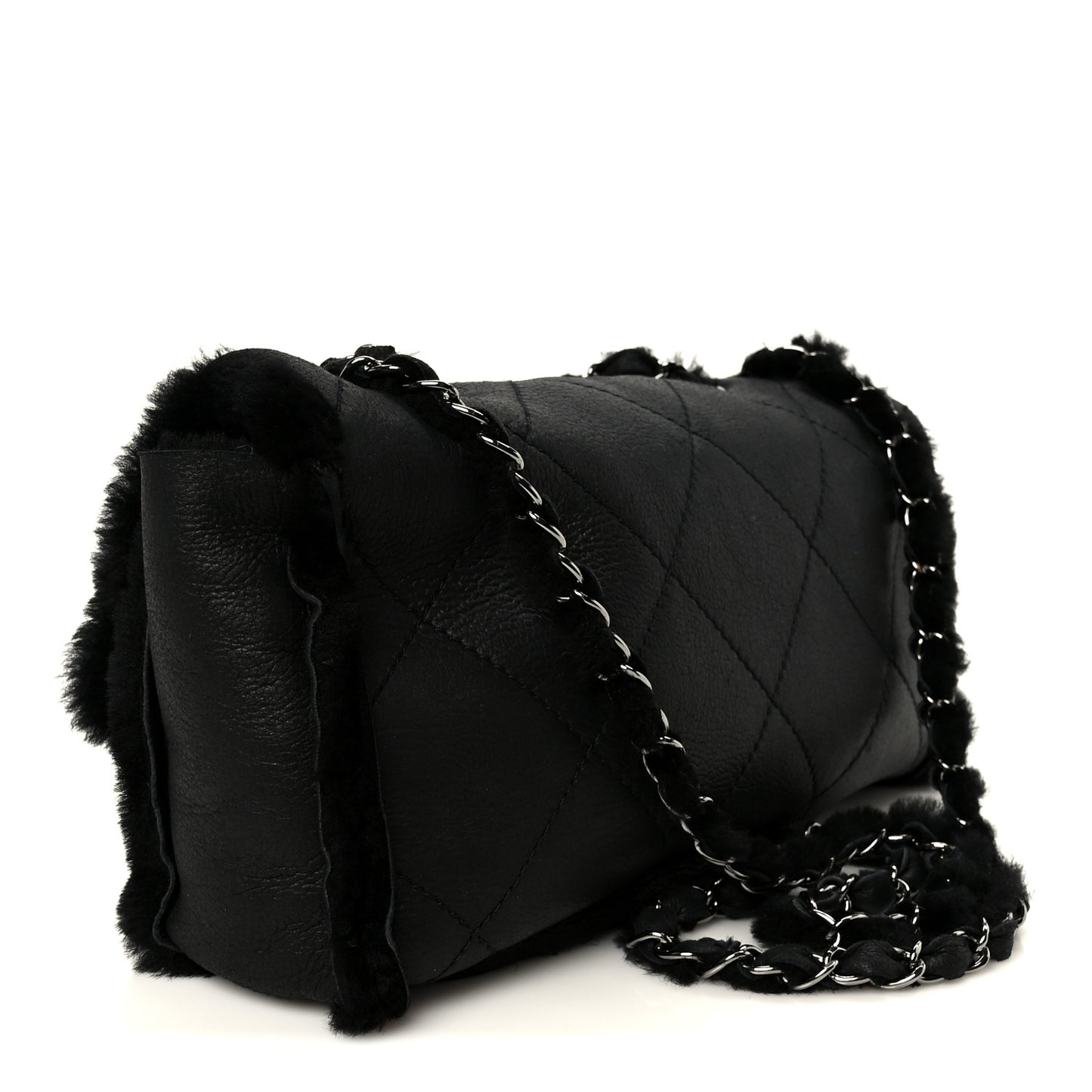 Shearling Quilted Medium Single Flap Black