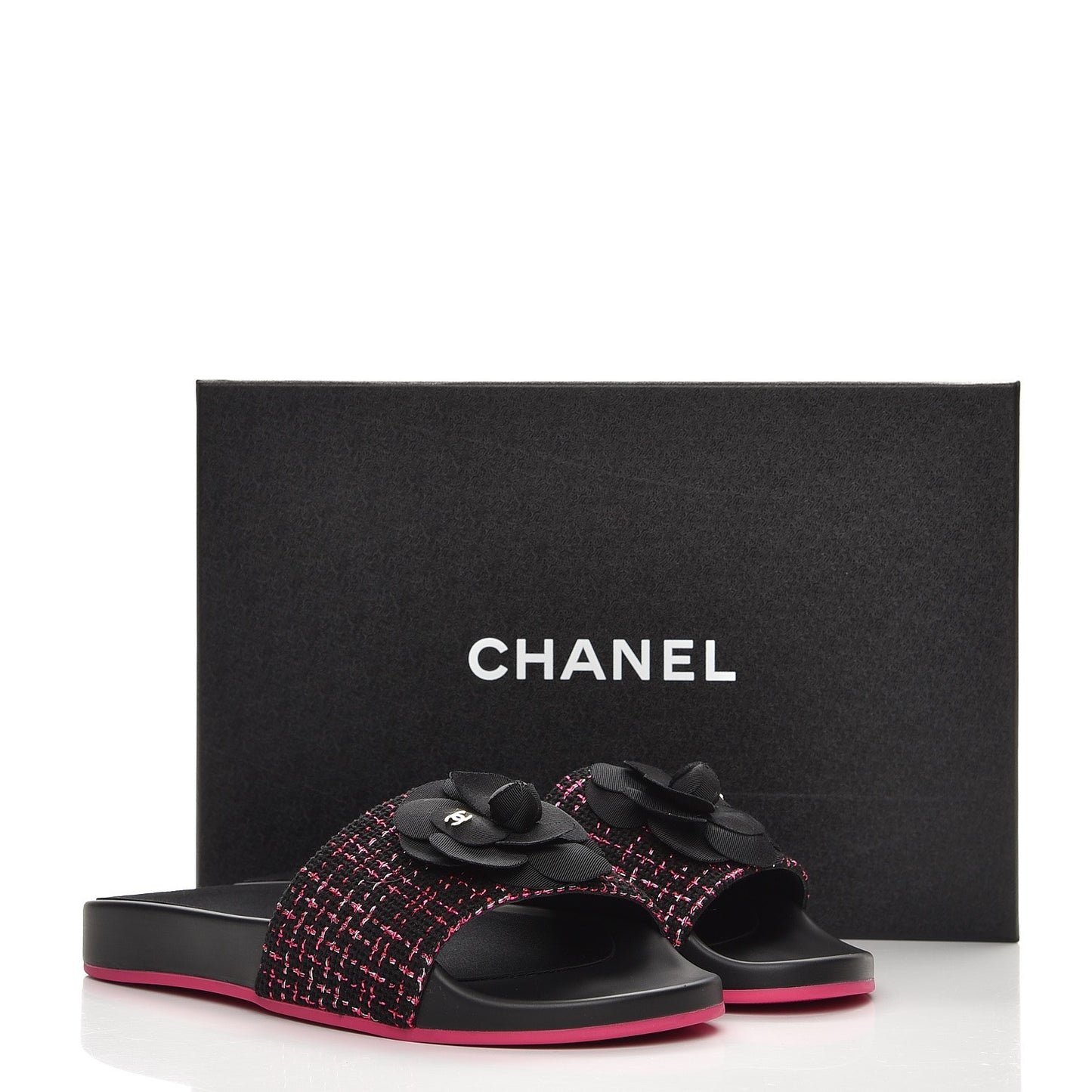 Tweed Grosgrain Camellia CC Flat Mules 39 Black Pink