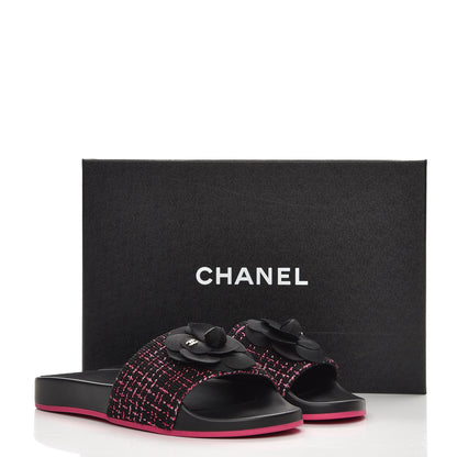 Chanel Tweed Grosgrain Camellia CC Flat Mules 39 Black Pink 9 of 9