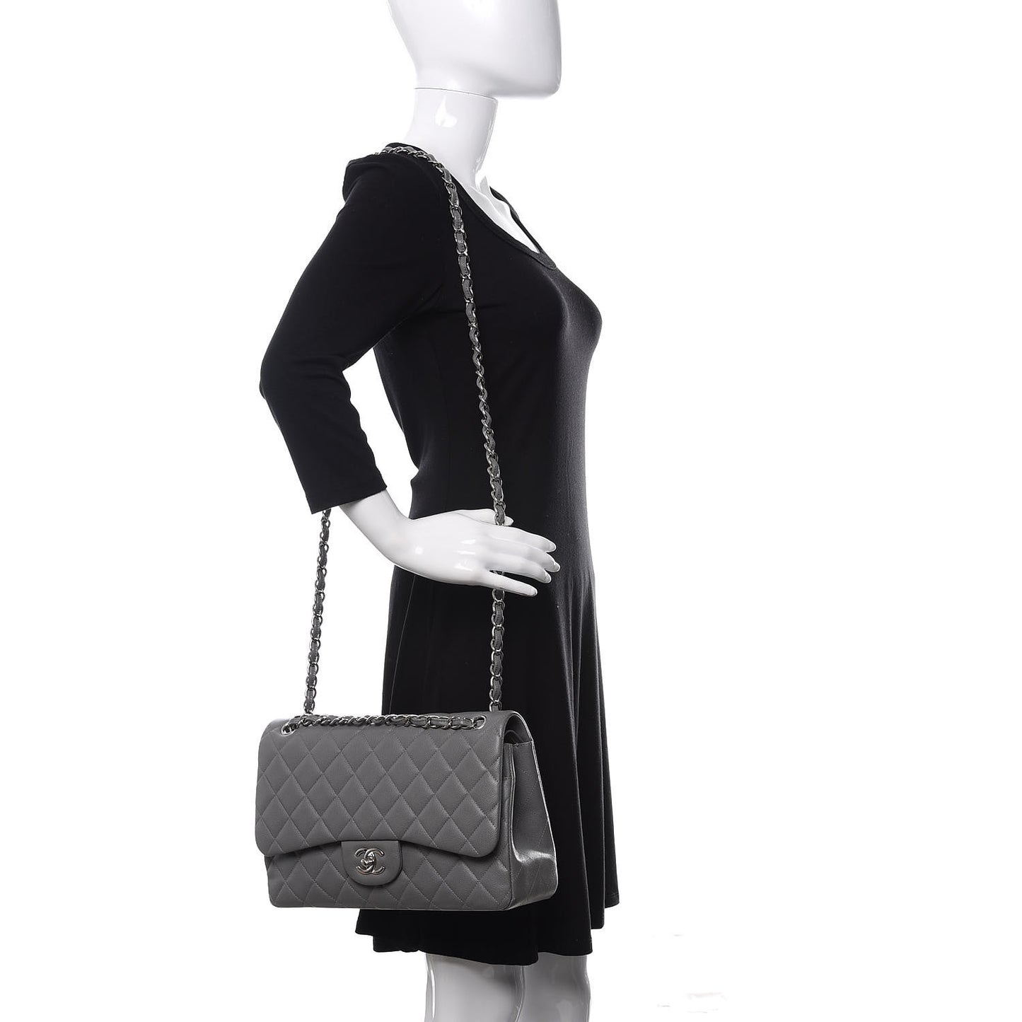 Caviar Quilted Jumbo Double Flap Grey