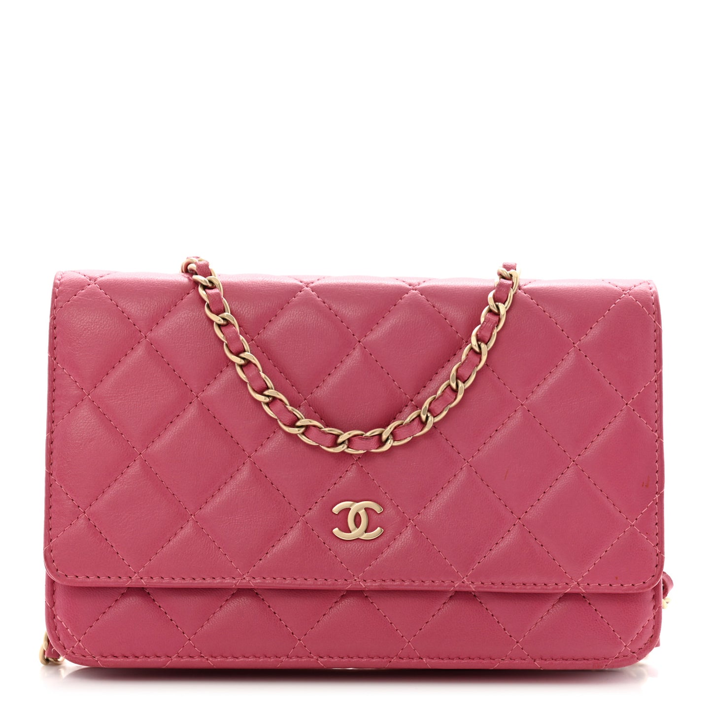 Lambskin Quilted Wallet On Chain WOC Dark Pink