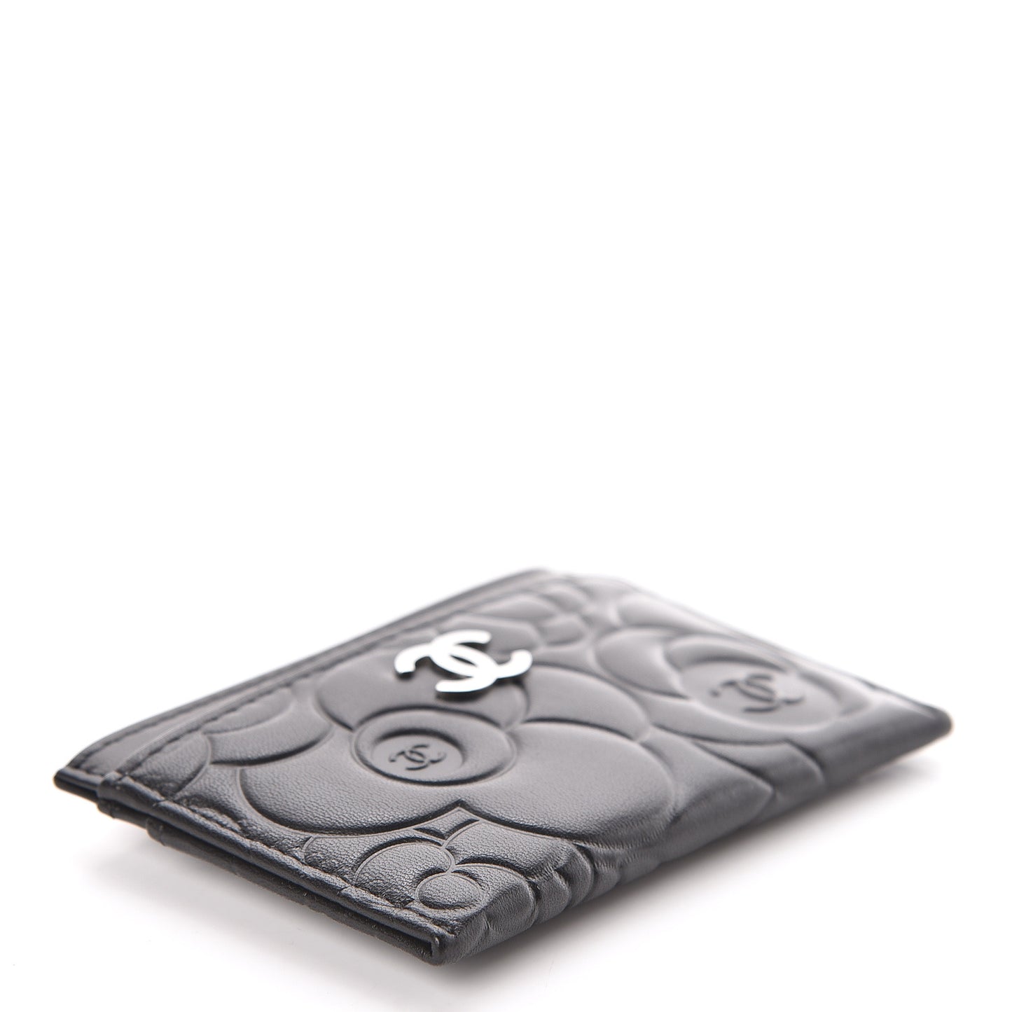 Lambskin Camellia Embossed Card Holder Black