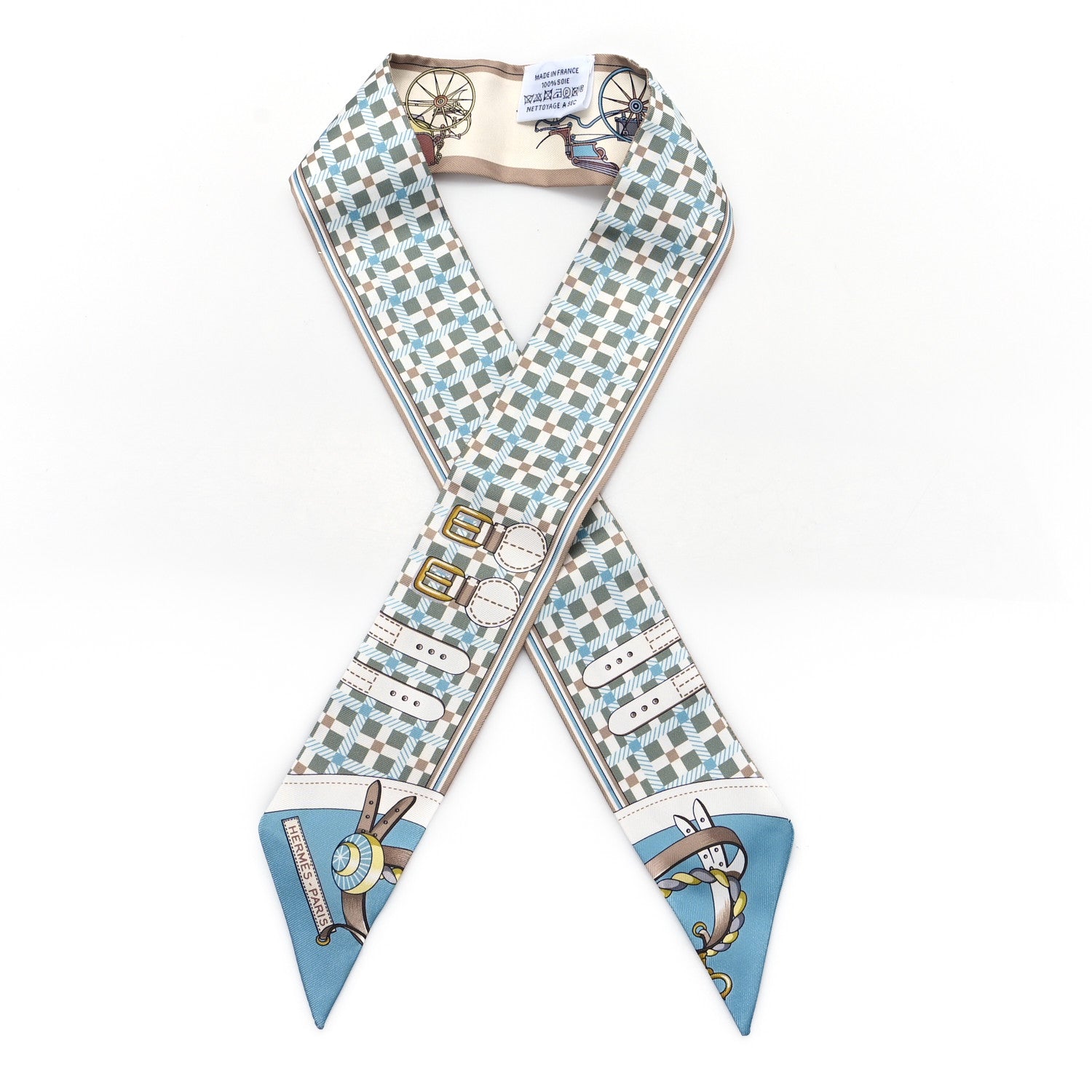Hermes Silk Les Voitures Nouvelle Twilly Vert Amande Bleu Glacier 1 of 3