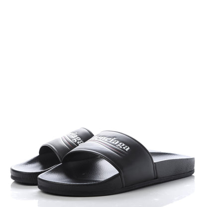 Balenciaga Nappa Political Campaign Logo Mens Pool Slide Sandals 40 Black White Vermillon 3 of 8