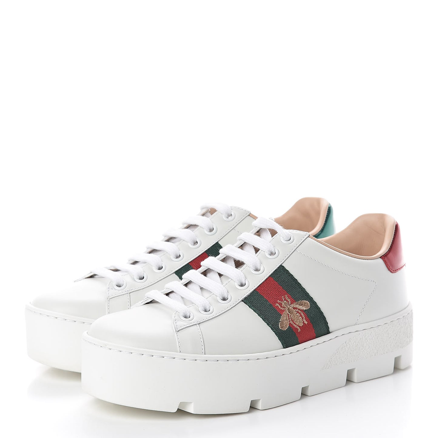 Calfskin Web Bee Embroidered Womens Ace Platform Sneakers 36 White