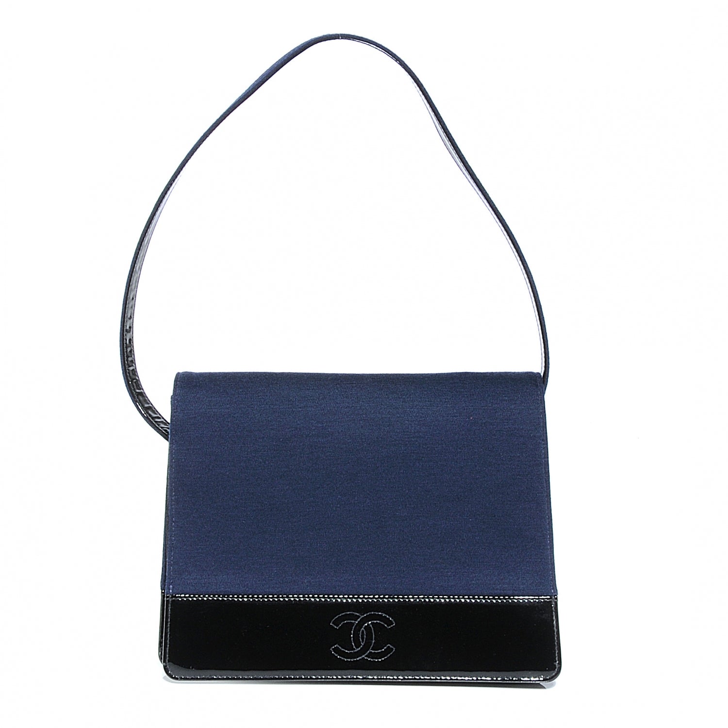 Chanel Patent Trim Jersey Shoulder Bag Dark Blue 1 of 8