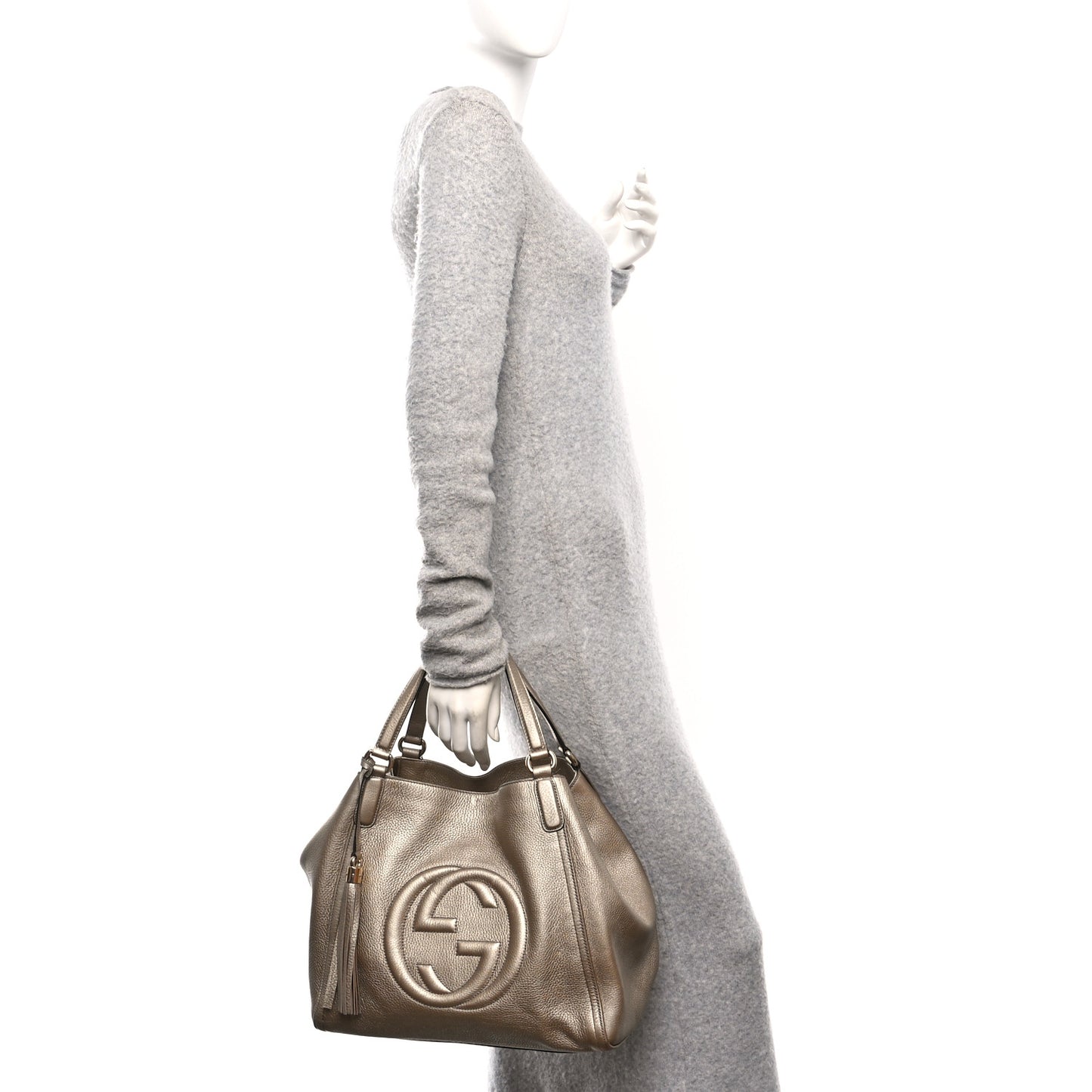 Metallic Pebbled Calfskin Medium Soho Shoulder Bag Golden Beige