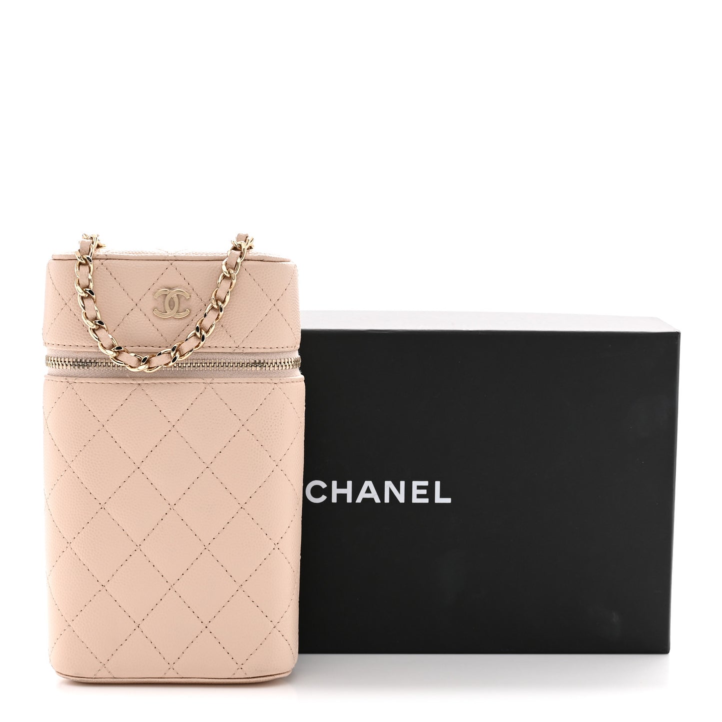 Caviar Quilted Phone Holder With Chain Light Pink