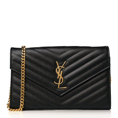 Saint Laurent Grain De Poudre Matelasse Chevron Monogram Chain Wallet Black 1 of 10