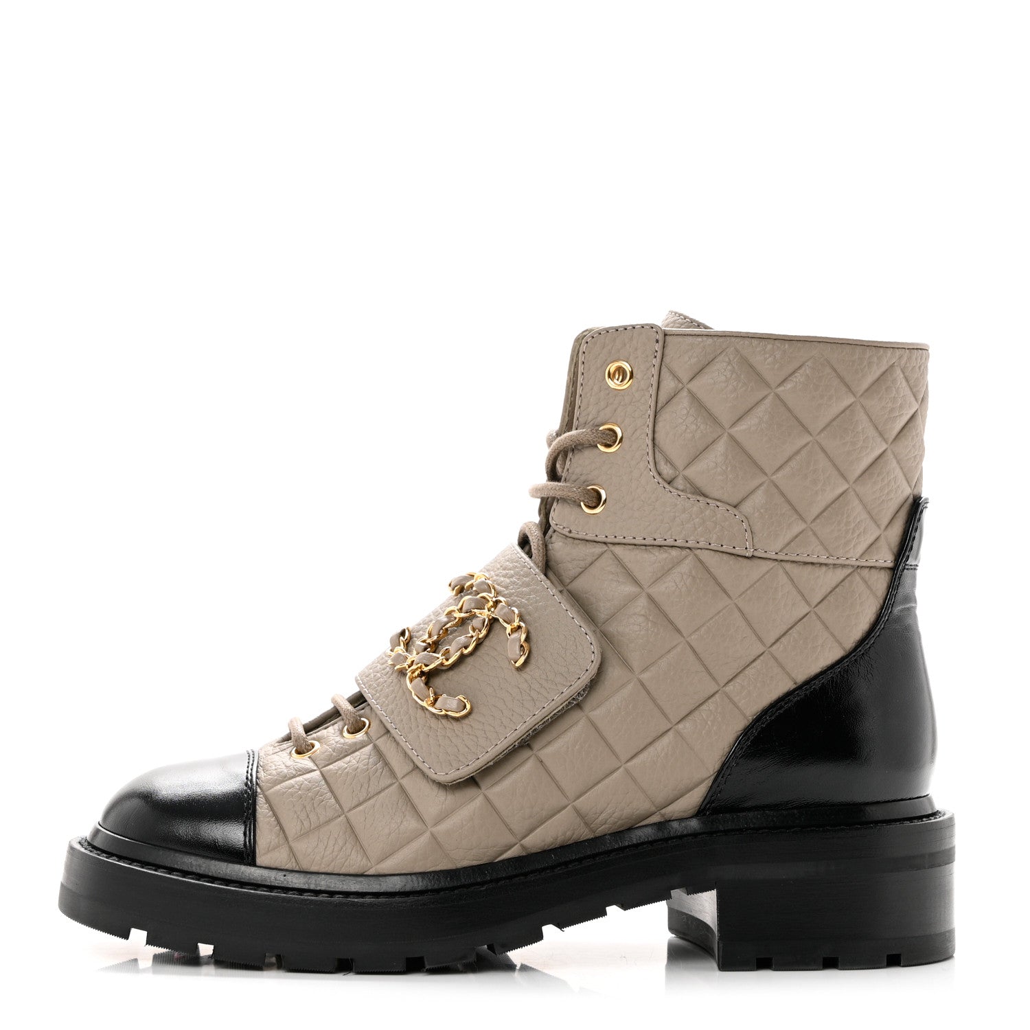 Chanel Calfskin Shiny Calfskin Quilted Lace Up Combat Boots 37 Dark Beige Black 1 of 10