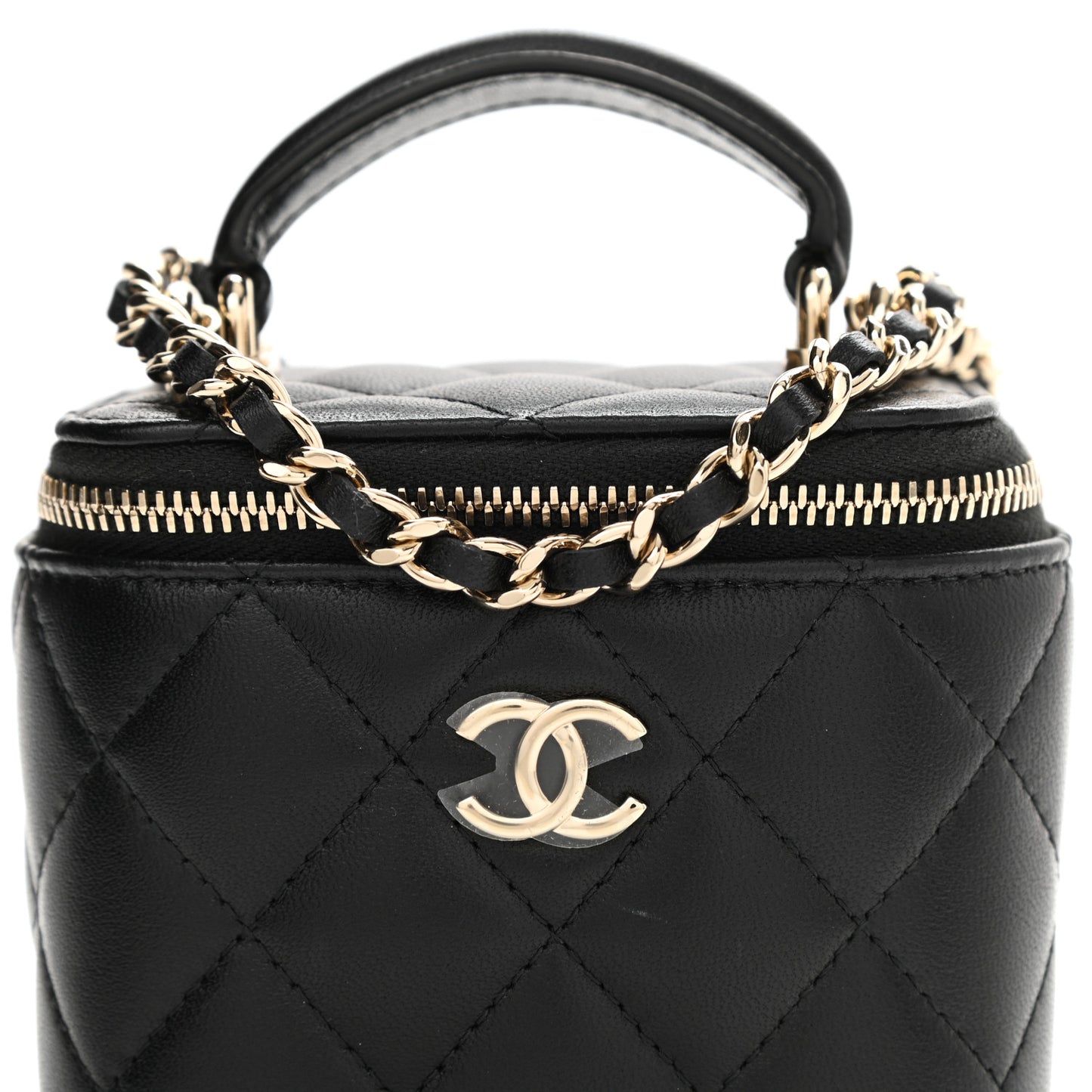 Lambskin Quilted Top Handle Mini Vanity Case With Chain Black