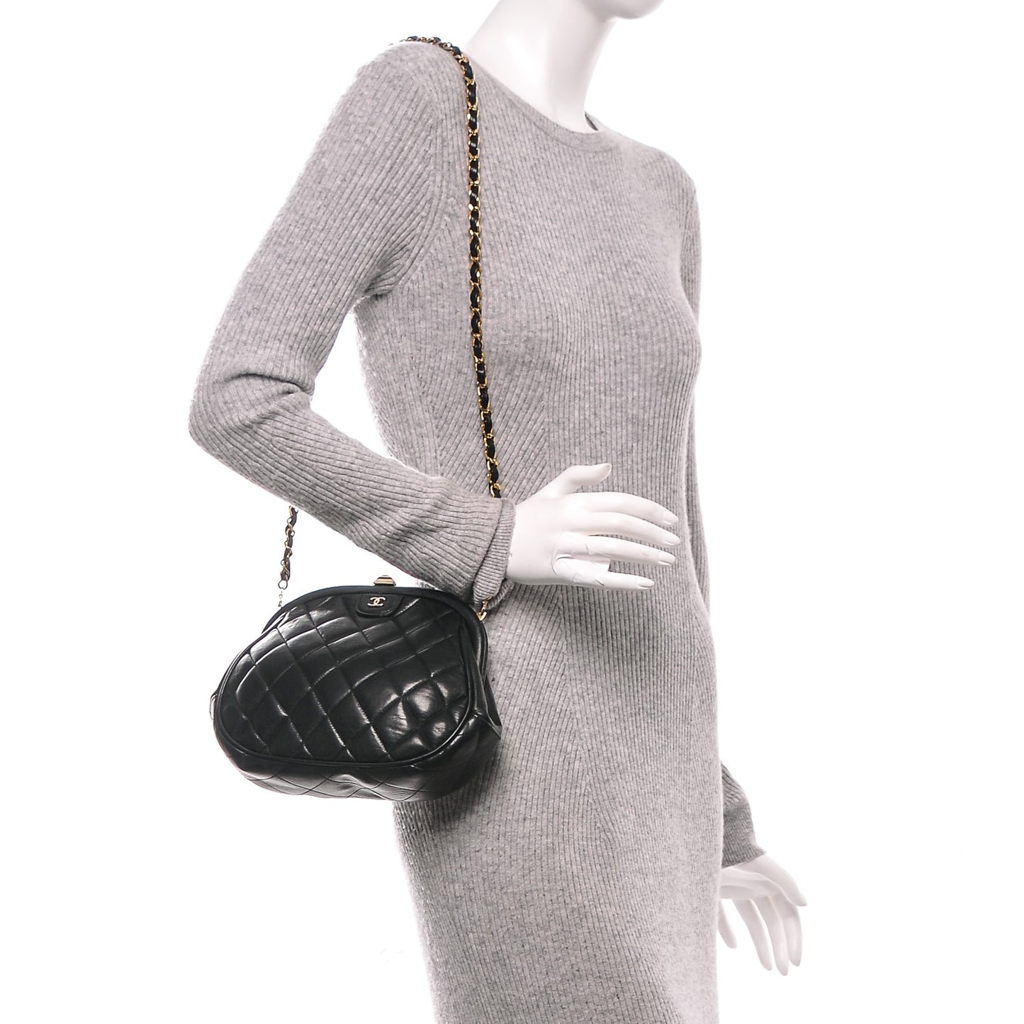 Calfskin Quilted Kisslock Frame Bag Black