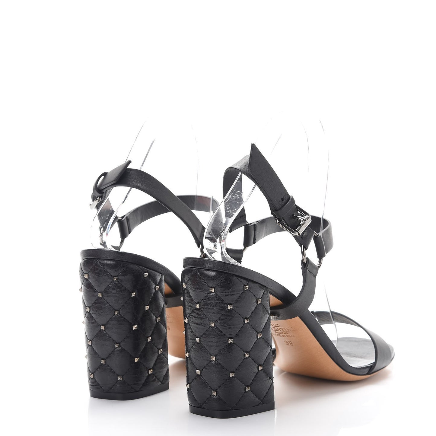 Calfskin Craquele Nappa Rockstud Spike 90mm Ankle Strap Sandals 39 Black