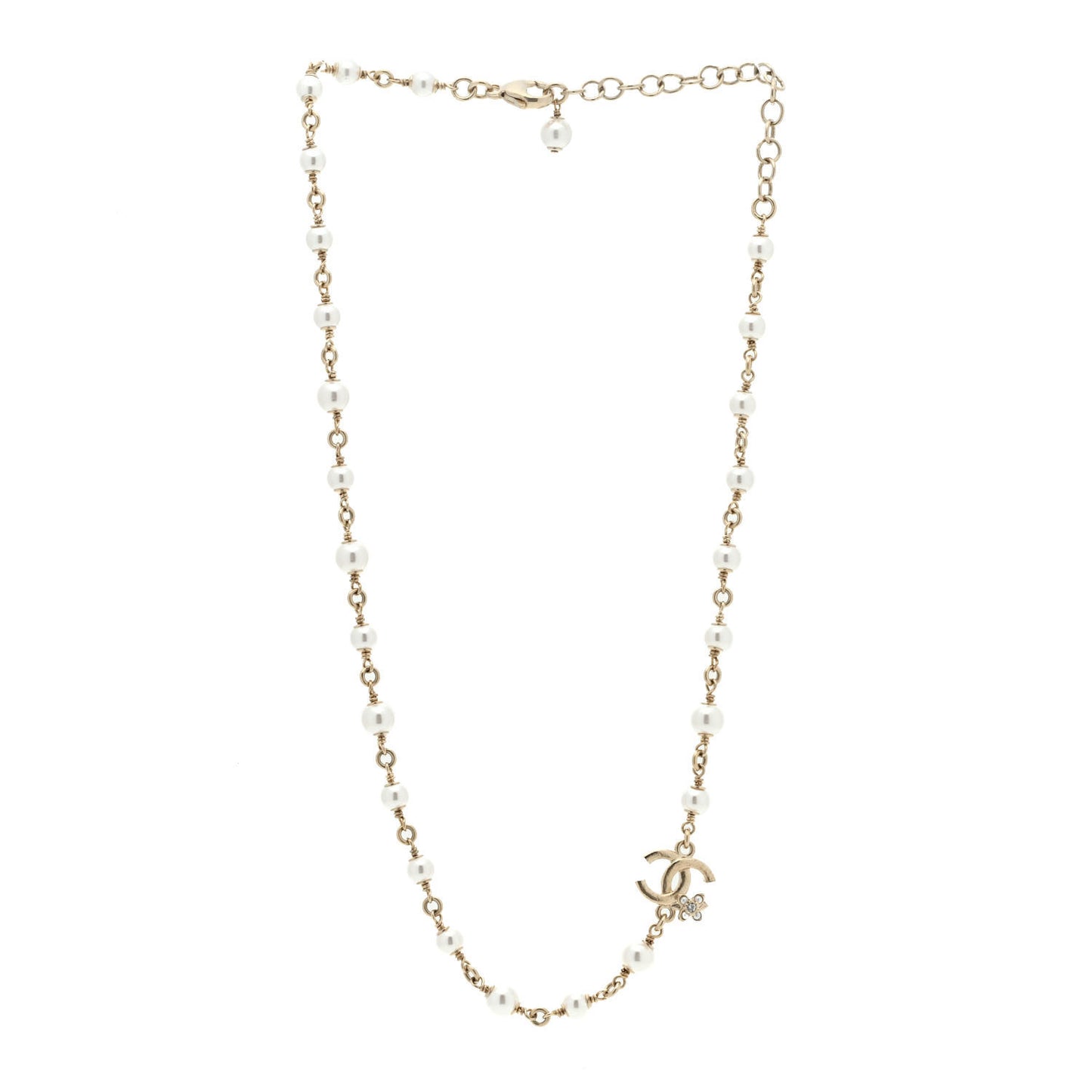 Pearl Crystal CC Flower Necklace Pearly White Light Gold