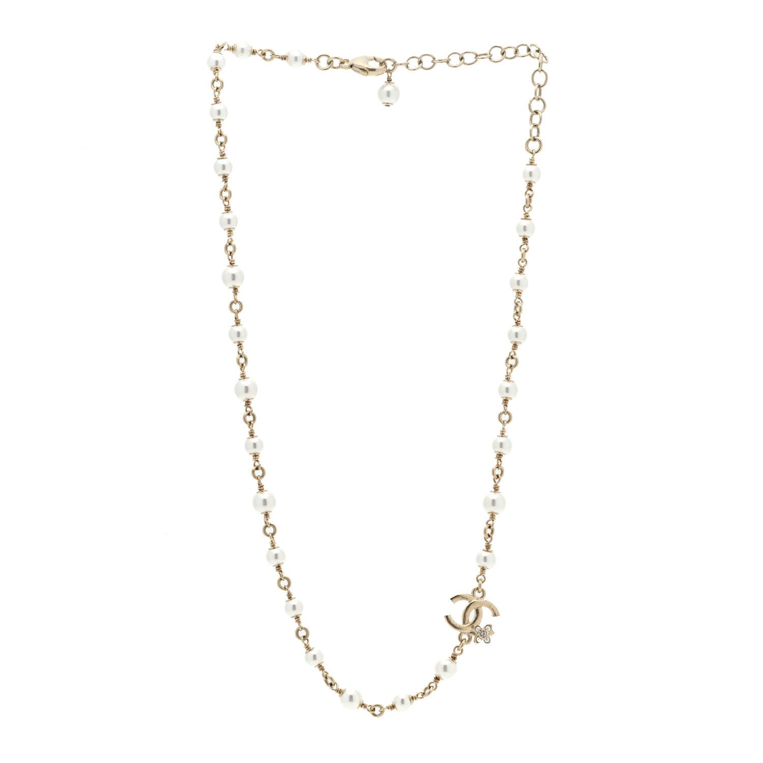 Chanel Pearl Crystal CC Flower Necklace Pearly White Light Gold 3 of 5