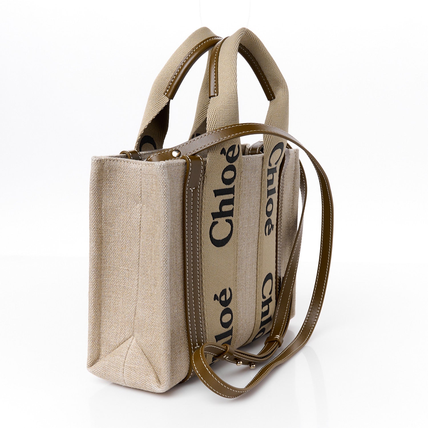 Chloe Cotton Calfskin Small Woody Ribbon Tote With Strap White Brown 3 of 11