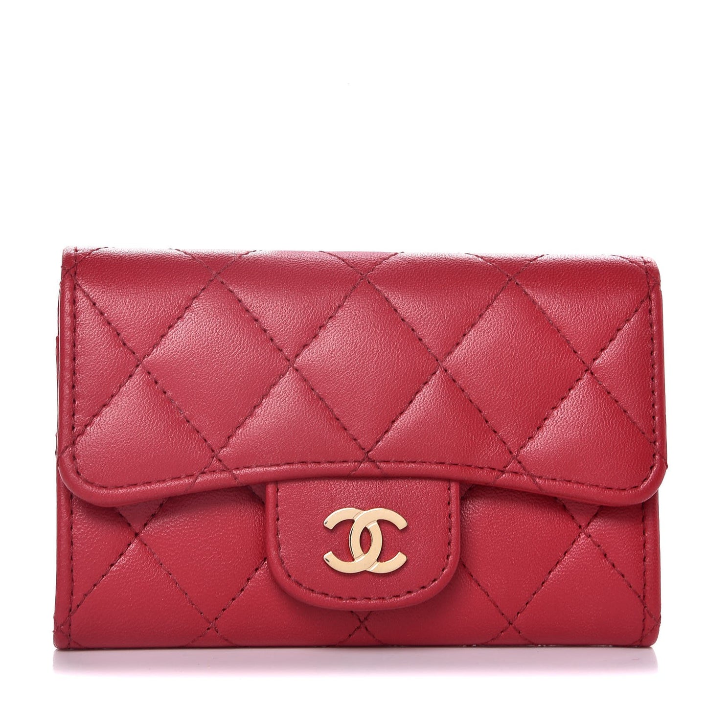 Lambskin Quilted Flap Card Holder Dark Pink