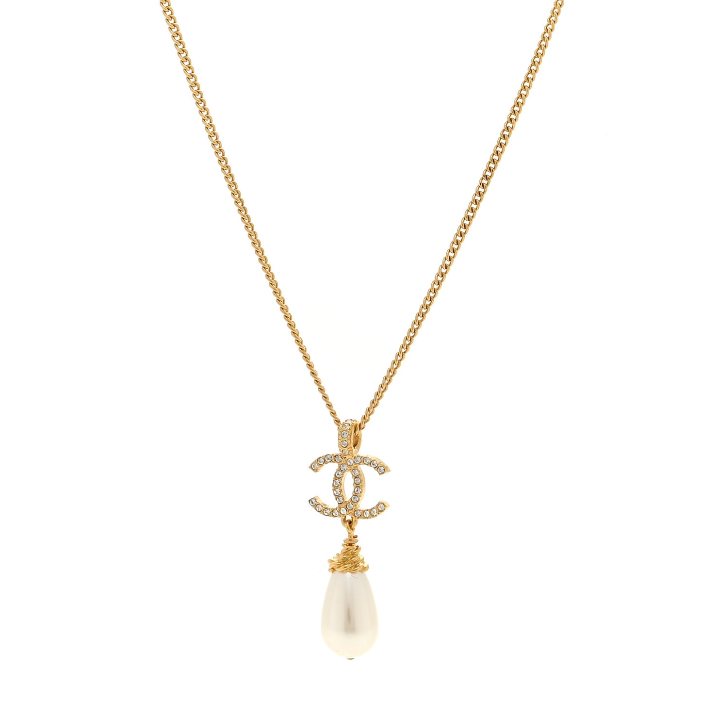 Crystal Pearl CC Drop Necklace Gold