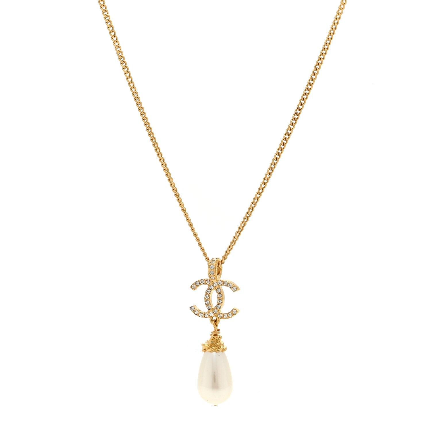 Chanel Crystal Pearl CC Drop Necklace Gold 1 of 4