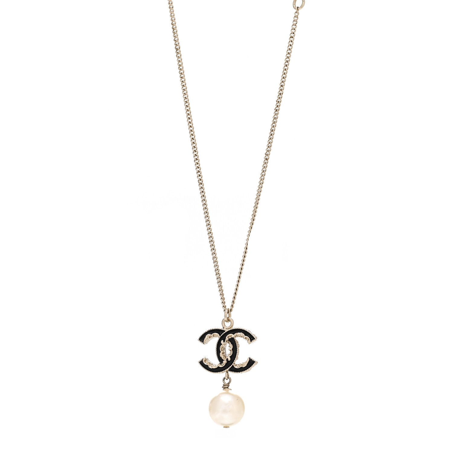 Chanel Pearl CC Drop Necklace Silver Black 1 of 3
