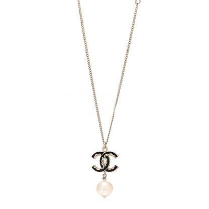 Chanel Pearl CC Drop Necklace Silver Black 1 of 3