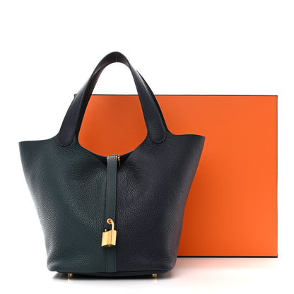 Hermes Taurillon Clemence Casaque Picotin Lock 22 MM Vert Cypres Bleu Nuit Black 12 of 12