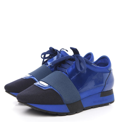 Balenciaga Metallic Patent Neoprene Mesh Womens Race Runner Sneakers 35 Bleu Black 3 of 8