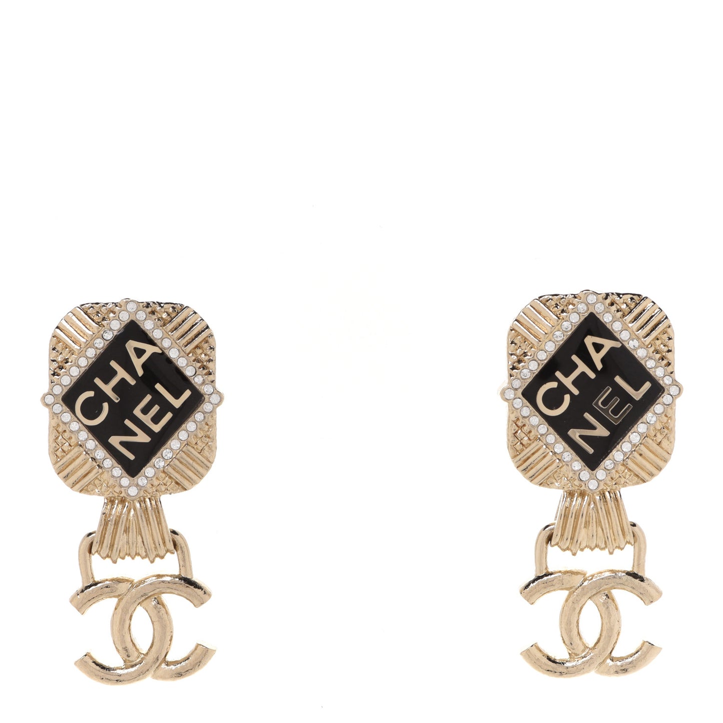 Resin Crystal Quilted CC Drop Earrings Black Gold