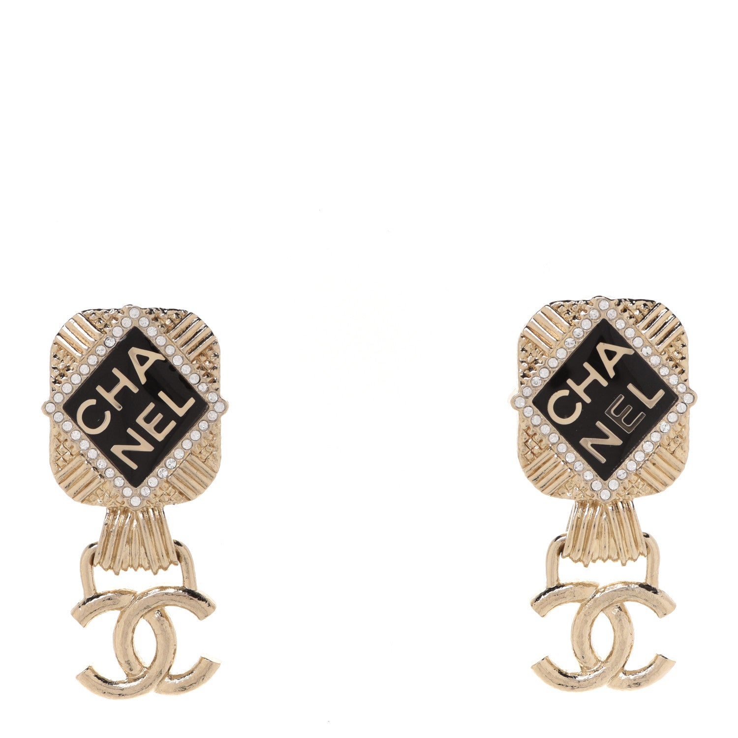 Chanel Resin Crystal Quilted CC Drop Earrings Black Gold 1 of 5
