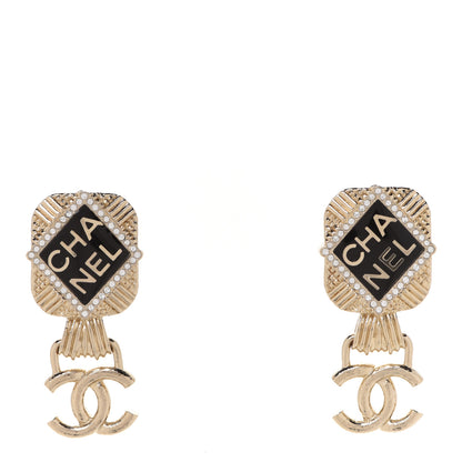 Chanel Resin Crystal Quilted CC Drop Earrings Black Gold 1 of 5