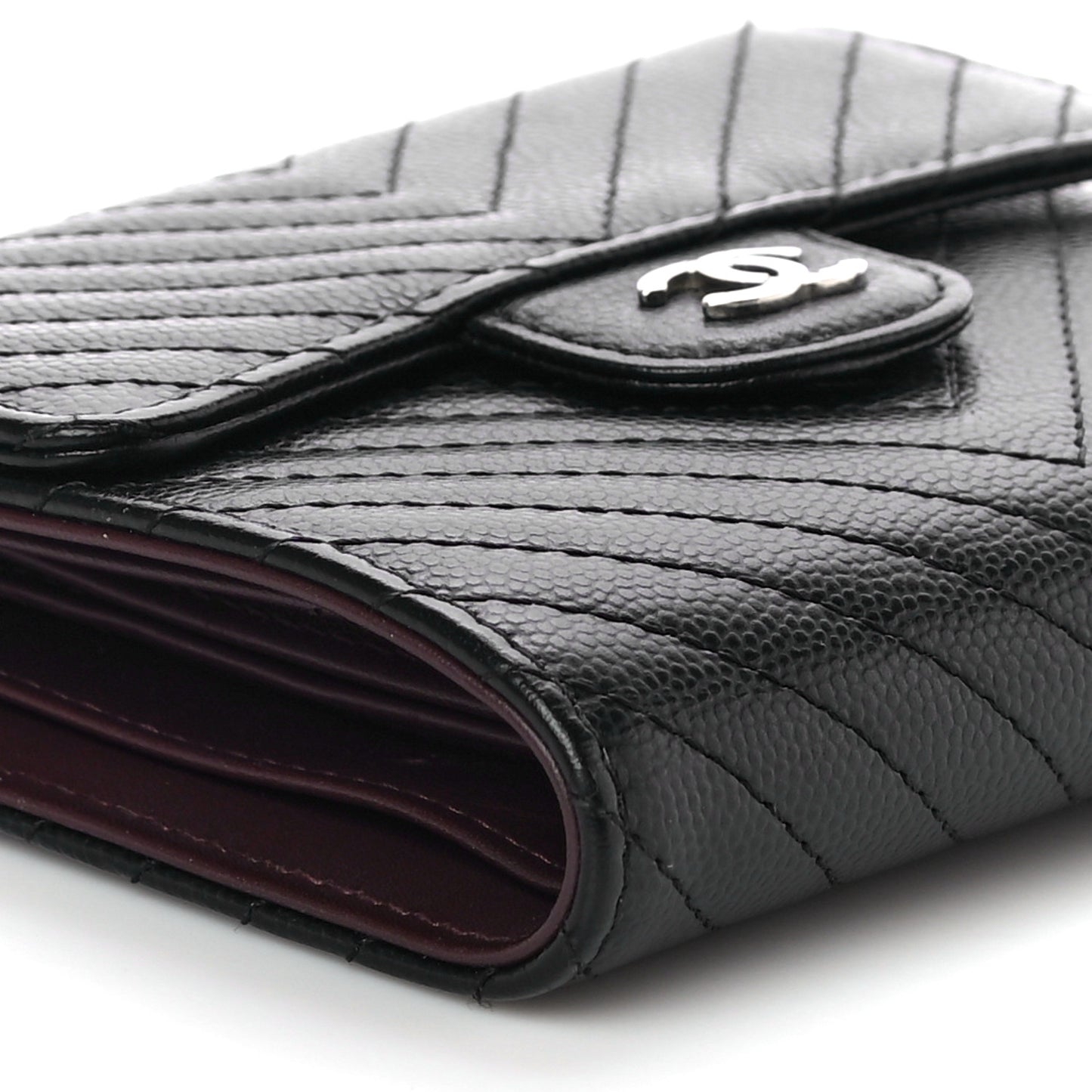 Caviar Chevron Quilted Compact Flap Wallet Black