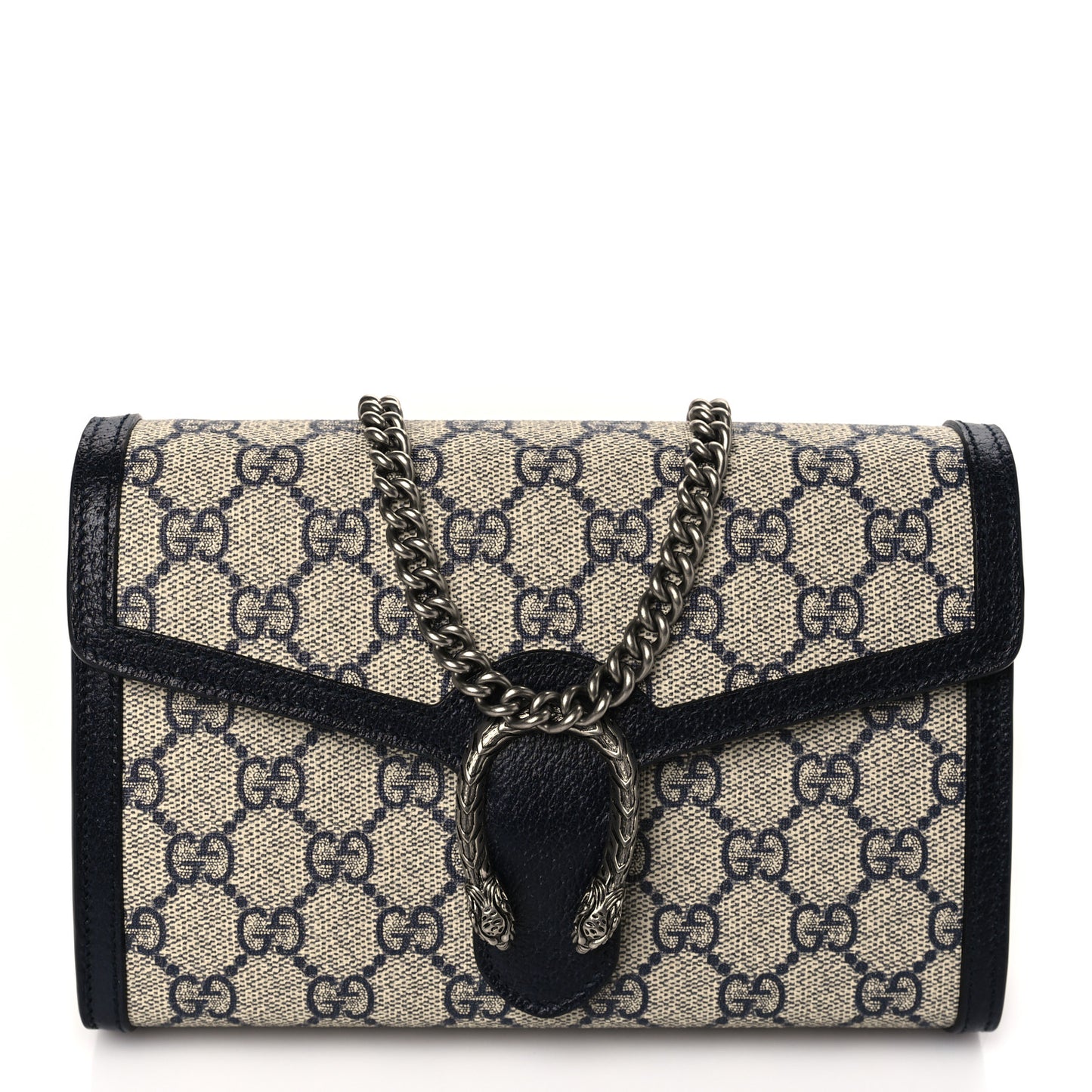 GG Supreme Monogram Textured Dollar Calfskin Mini Dionysus Chain Wallet Beige Blue