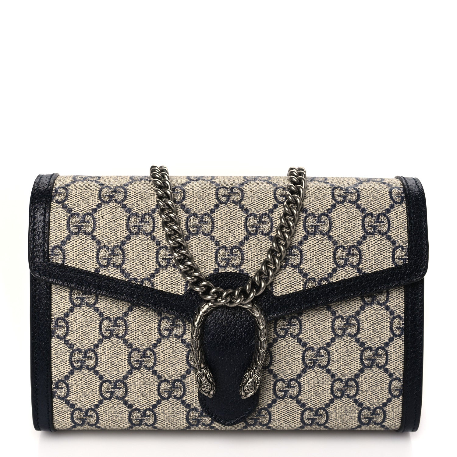 Gucci GG Supreme Monogram Textured Dollar Calfskin Mini Dionysus Chain Wallet Beige Blue 1 of 7
