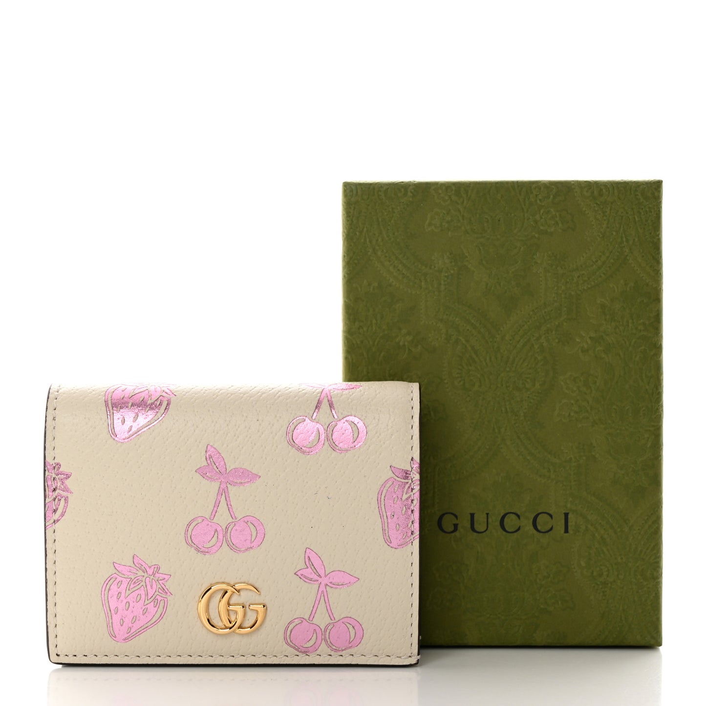 Textured Dollar Calfskin Berry Print GG Marmont Card Case Mystic White Light Pink