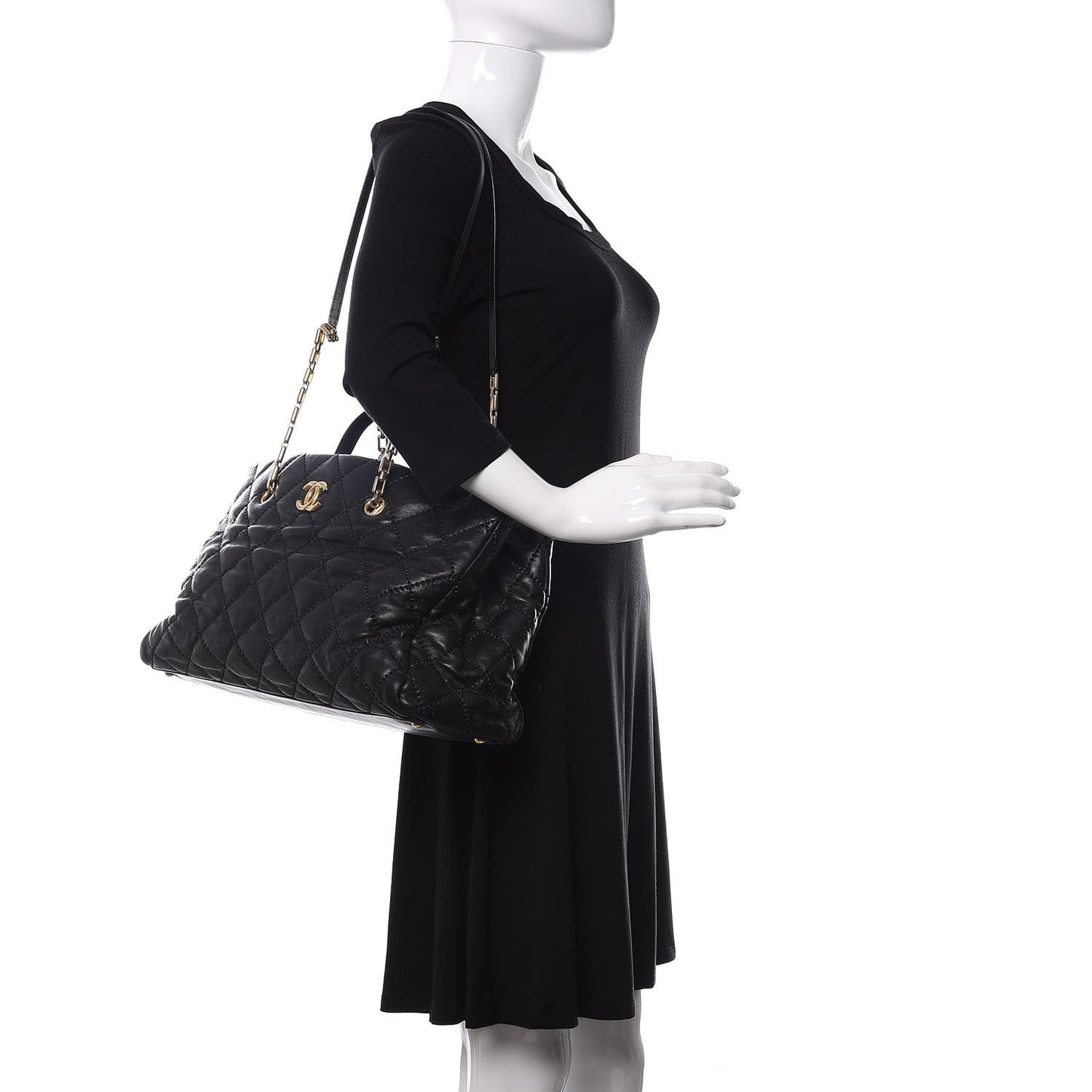 Calfskin Quilted Retro Chain Tote Black