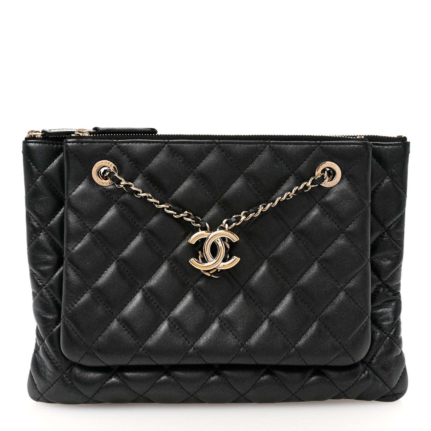 Shiny Lambskin Quilted Medium Double Case With Strap Black